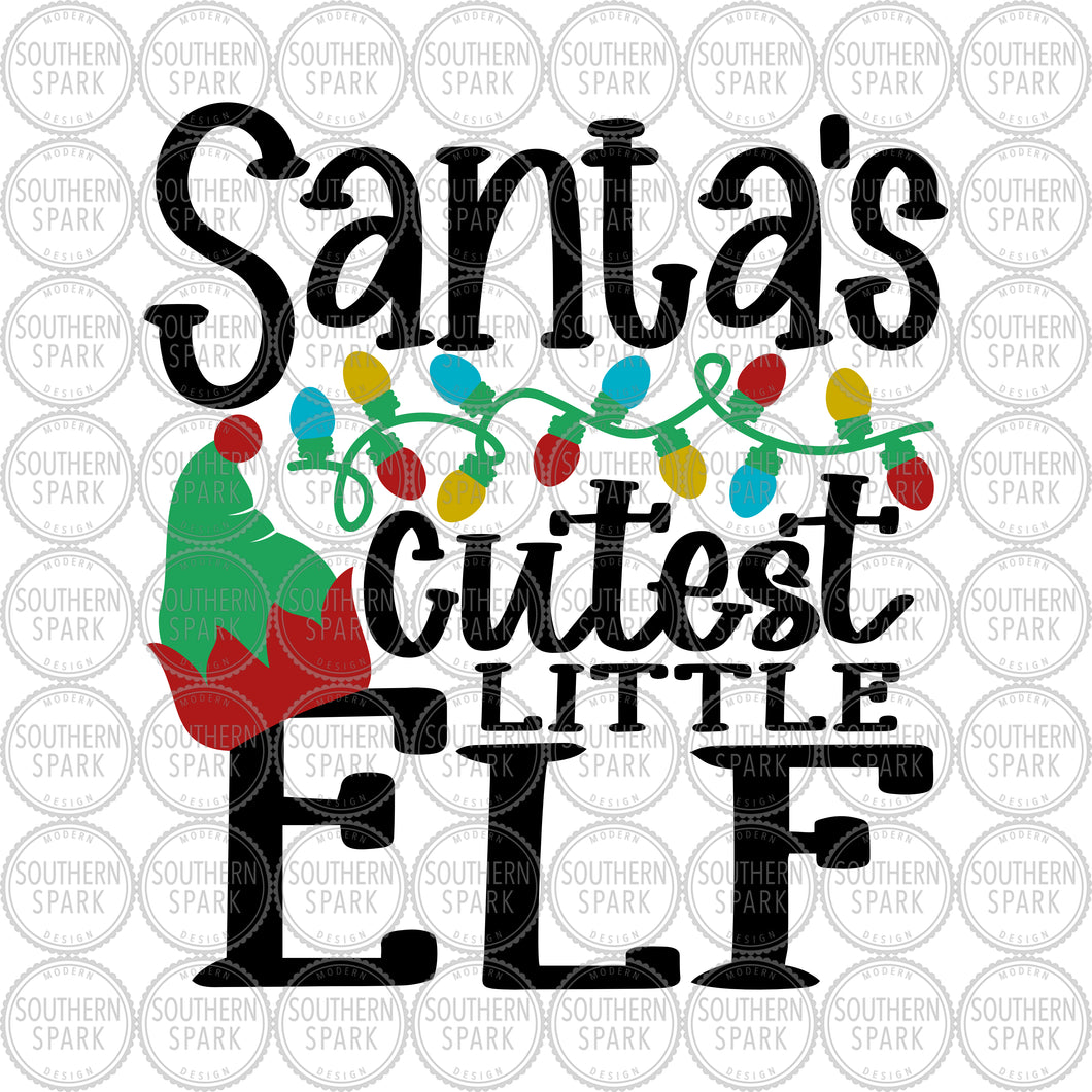 Christmas SVG / Santa's Cutest Little Elf SVG / Elf Hat Christmas Lights / Cut File / Clip Art / Southern Spark / svg png eps pdf jpg dxf