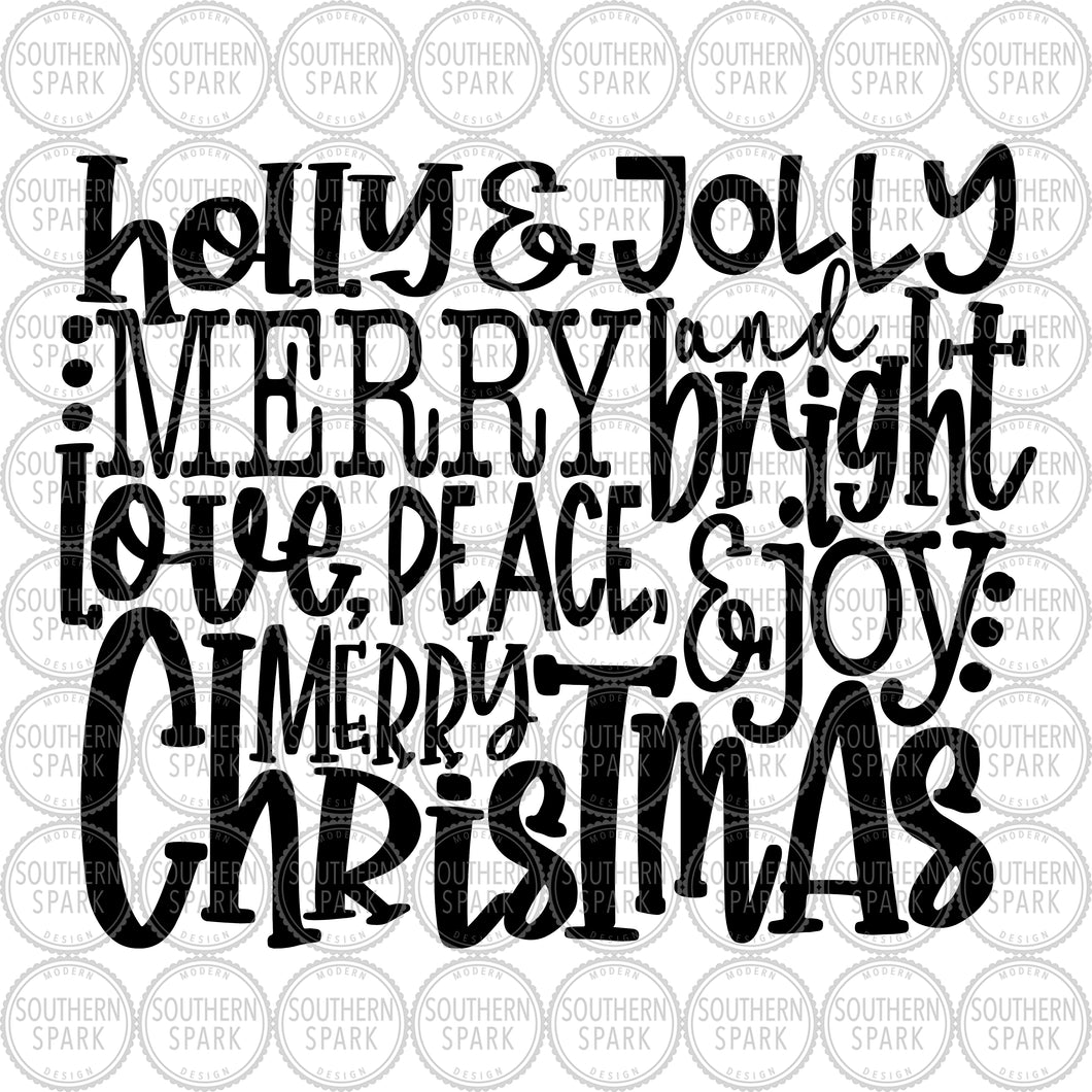 Christmas SVG / Holly And Jolly Merry And Bright SVG / Merry Christmas SVG / Clip Art / Cut File / Southern Spark / svg png eps pdf jpg dxf