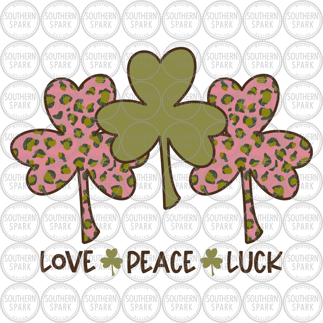St. Patrick's Day SVG / Love Peace Luck SVG / Shamrock / Leopard Print / Cut File / Clip Art / Southern Spark / svg png eps pdf jpg dxf