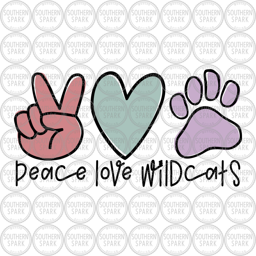 Peace Love Wildcats SVG / Back To School / Wildcats First Day Of School / Clip Art / Cut File / Southern Spark / svg png eps pdf jpg dxf