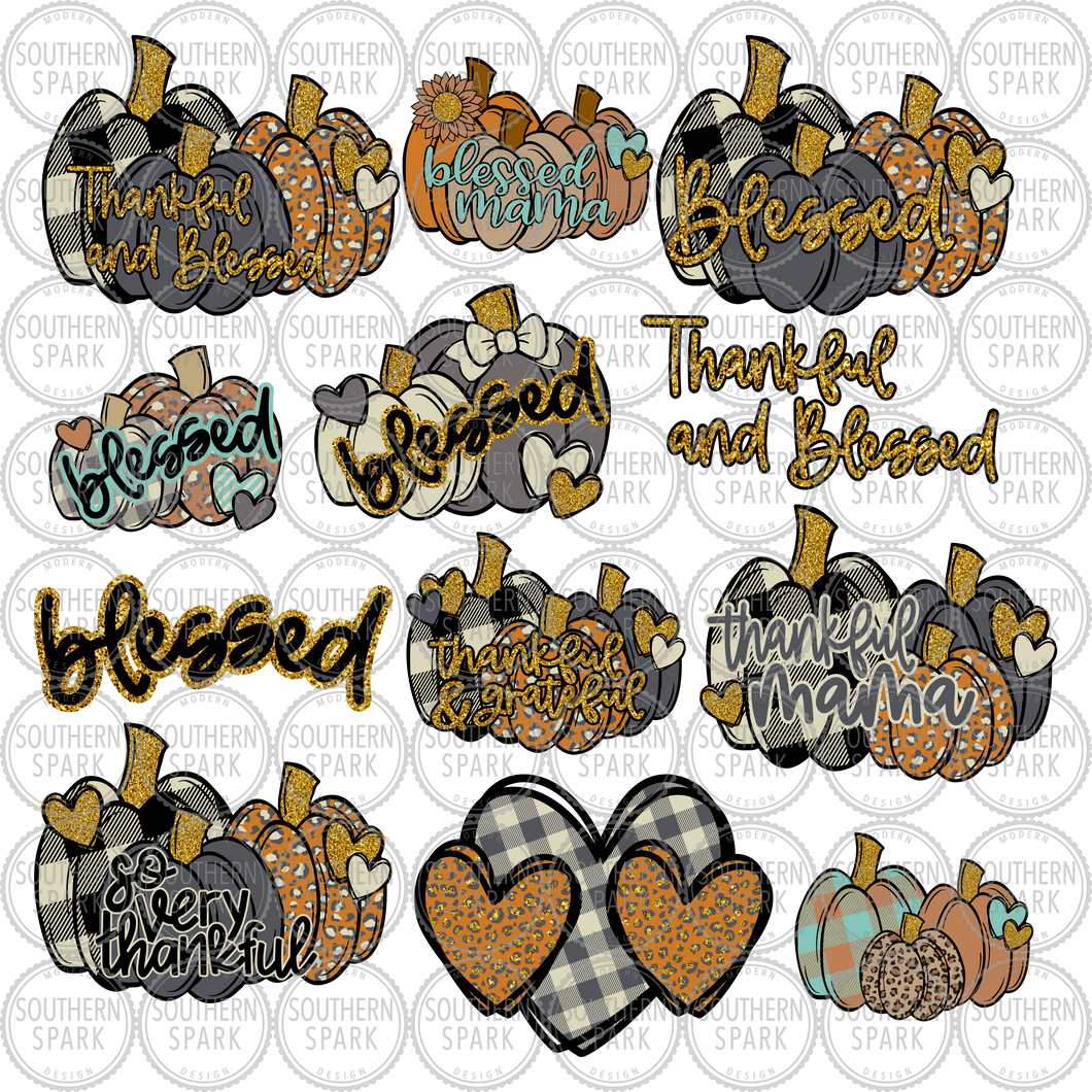 Bundle Pumpkins PNG / Thanksgiving PNG / Thankful Grateful Blessed PNG / Sublimation / Buffalo / Gold / Clip Art / Southern Spark / png